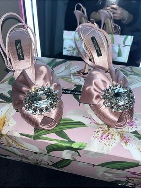 Dolce & Gabbana Rose Pink Satin Crystal-Embellished Slingback Heels